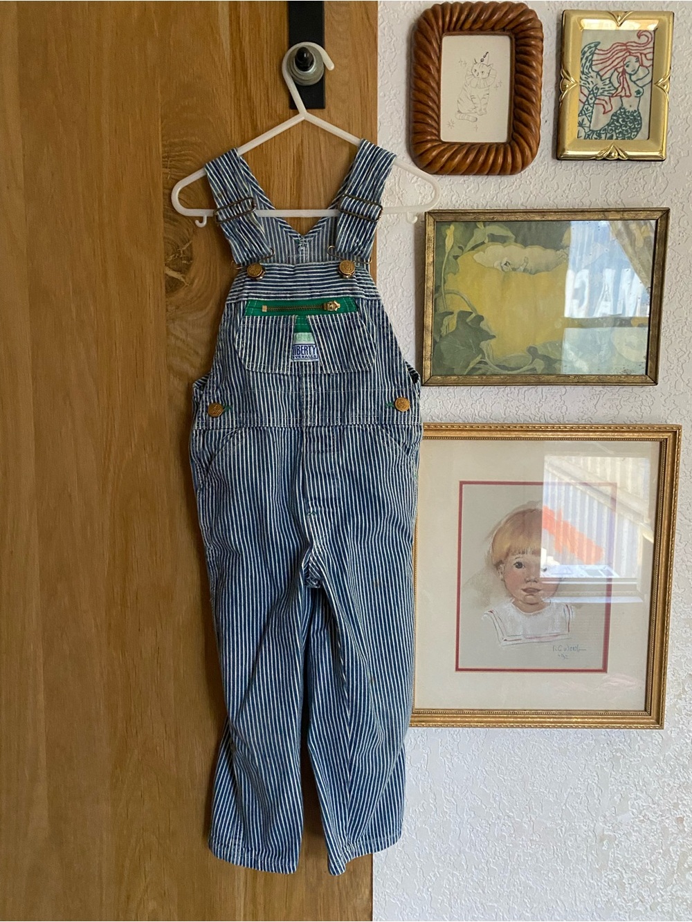 liberty Blue White Striped Kids Overalls with Green Trim